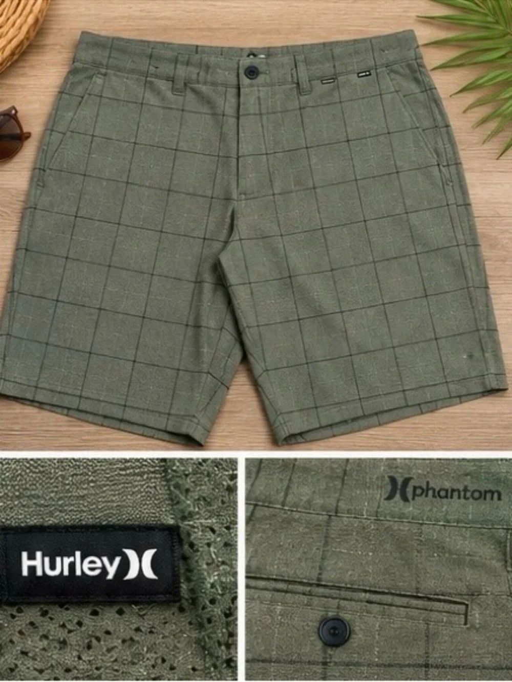 Hurley Phantom Board Shorts Olive Windowpane Stretch Hybrid Shorts Men's Size 34